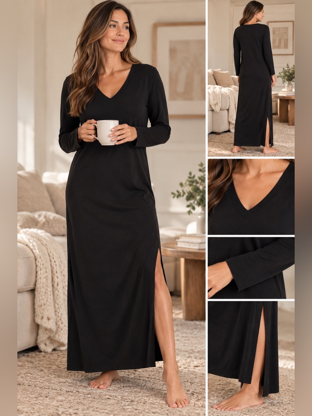 Natori Black Long Sleeve COZY V-Neck Maxi Lounge Dress Size S